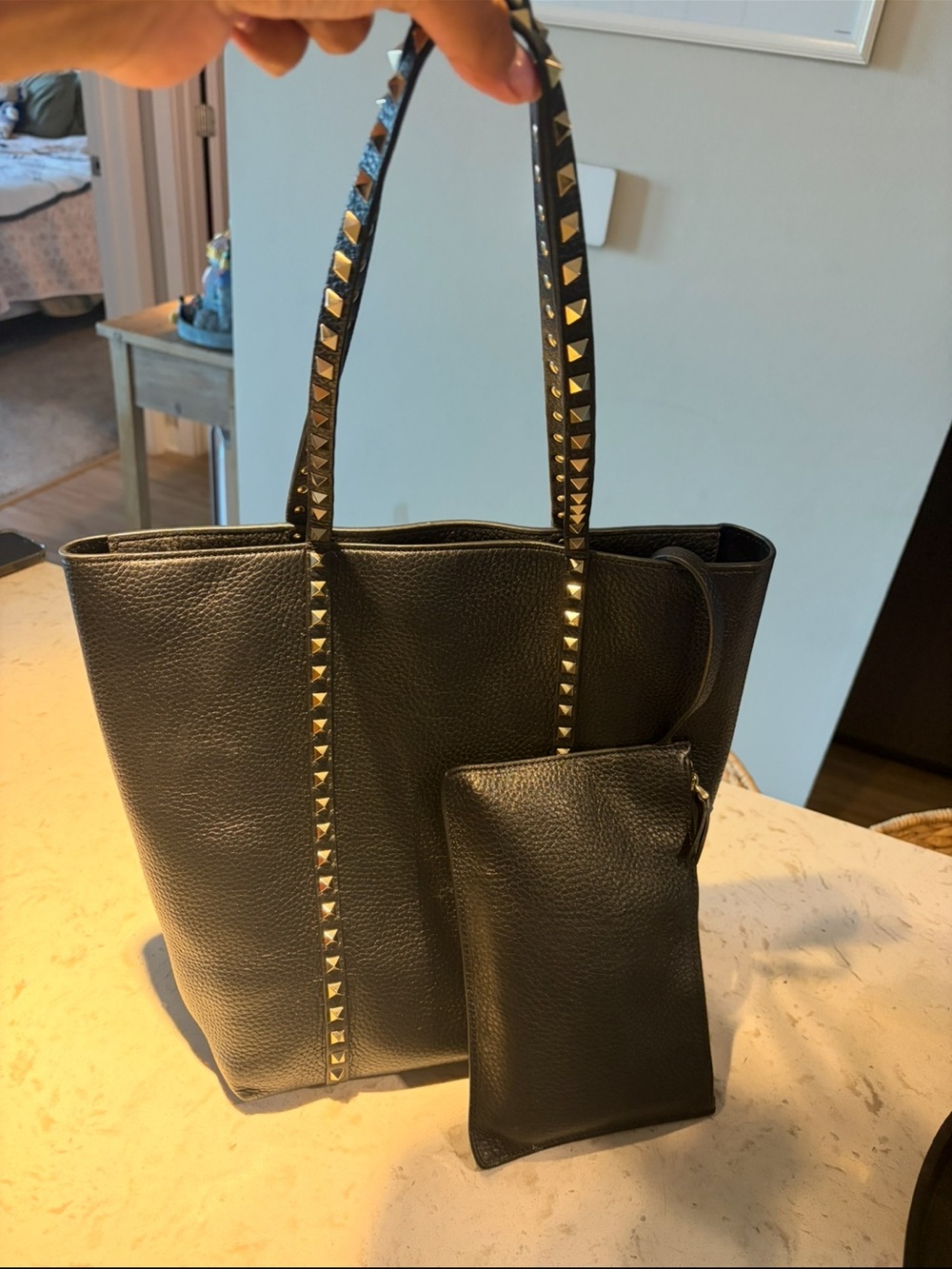 Valentino Garavani Black Studded Leather Tote with Wristlet